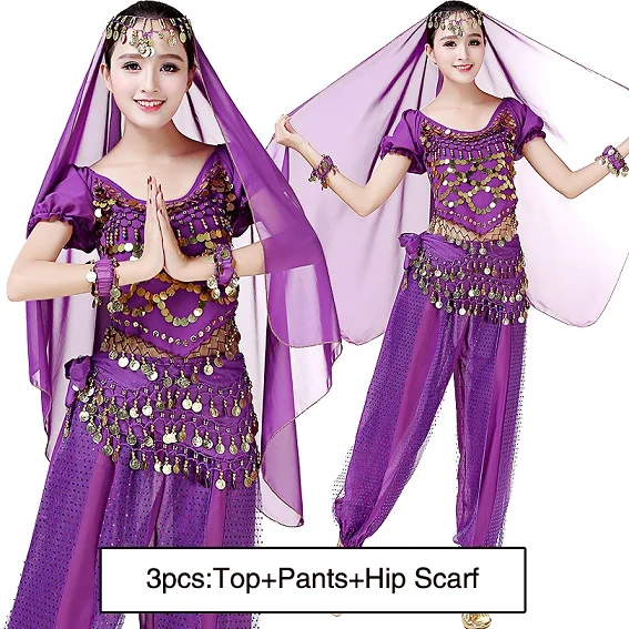 Женский праздничный костюм для выступлений, костюм для восточных танцев живота, вечерние болливудские штаны, египетская танцевальная одежда, комплект одежды, 11 цветов - Цвет: Purple 3pcs