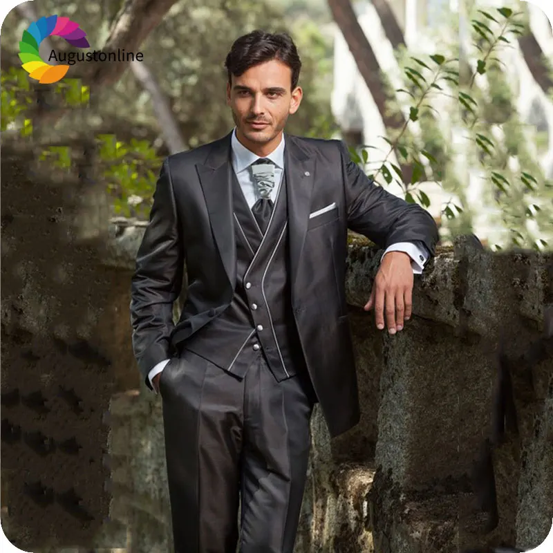 

Italian Grey Men Suits for Wedding Peaked Lapel Slim Fit Groom Tuxedo Terno Masculino Groomsmen Suit Blazer 3Piece Costume Homme