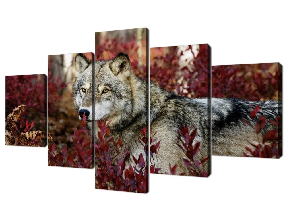 Yatsen Bridge 5 Piece Wall Art Painting Wolf In The Forest Pictures Prints on Canvas Animal Artworks Home Wall Decoration Decor for Living room Bathroom Set Framed Ready to Hang for House (60x32inch)