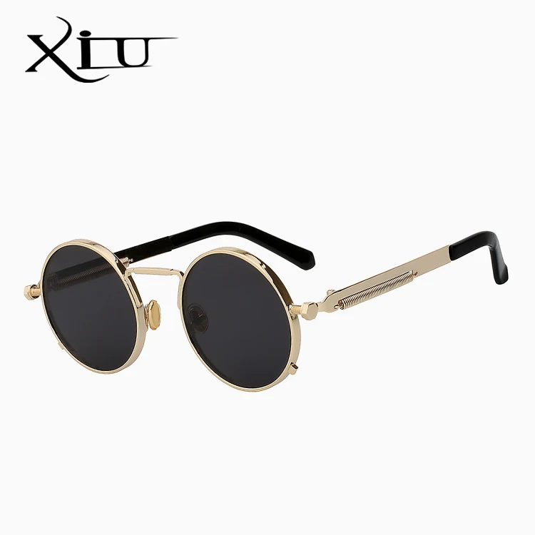 XIU стимпанк мужские женские солнцезащитные очки круглые металлические Ретро Винтажные Солнцезащитные очки Брендовые Дизайнерские мужские очки UV400 - Цвет линз: Gold w black