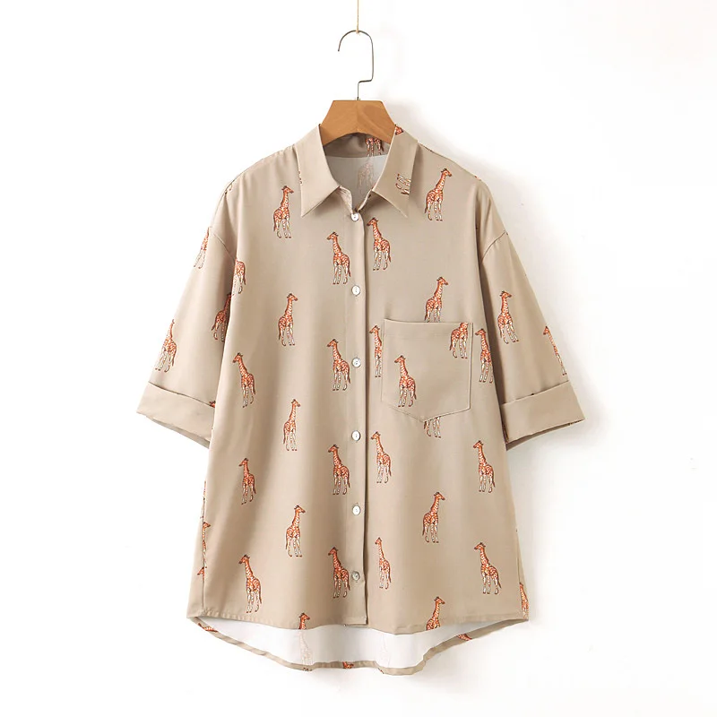 

Women animal print loose blouse pockets short sleeve turn down collar shirt female office wear plus size tops