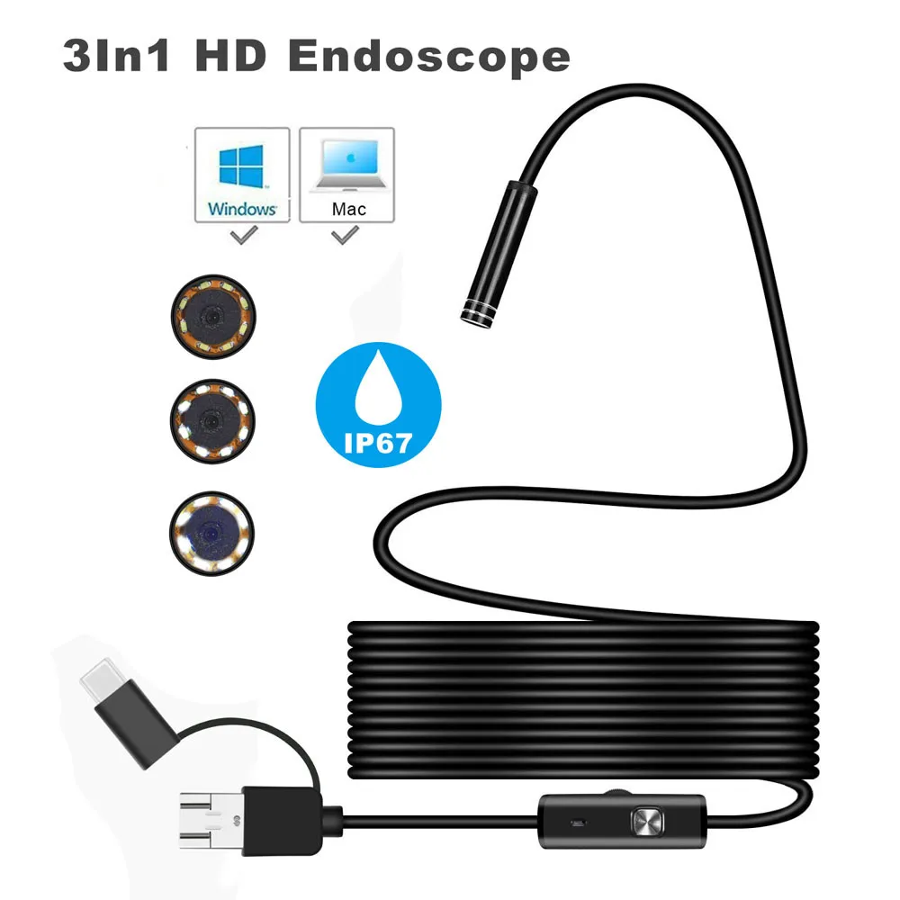 

3in1 Android USB Type-C Endoscope Inspection 5.5mm Camera 6 LED HD Waterproof 1m 1.5m 2m 3.5m 5m USB Cable Endoscope Borescope