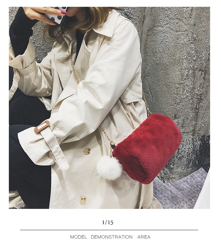Hot Barrel Shaped Bag Velour Female Chain Handbag Fur Ball Women Purse Crossbody Messenger Shoulder Bags Sac A Main mujer bolsa(44)