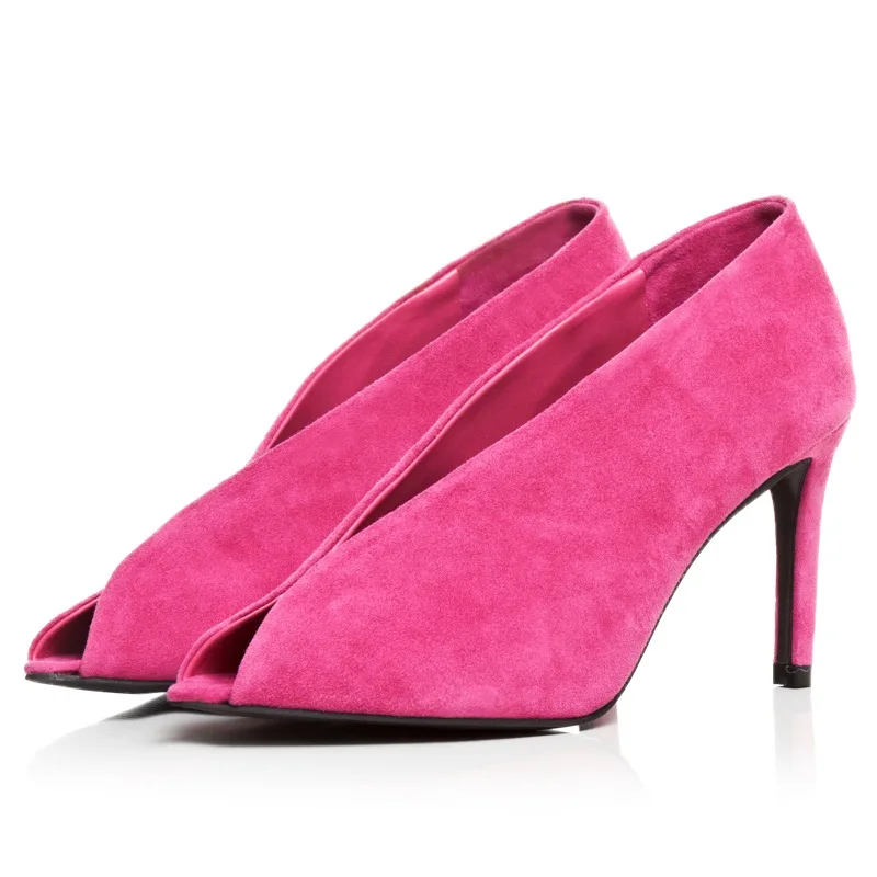 

2015 Brand designer Deep Toe V Shaped Pumps high Heel Soft Leather Slip-On Front Bootie red black