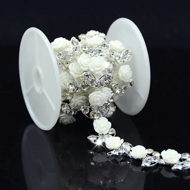 1 ярд цветок серебро горный хрусталь цепи исправление rhinestone отделкой Вышивание