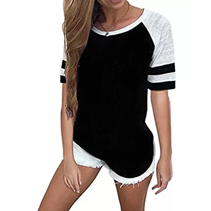 

Patchwork Harajuku T-shirt For Women Plus Size Striped Short Sleeve Summer Round Neck Casual Tops Camiseta Feminina Ey*