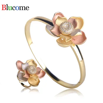 

Three Tones Color Lotus Flowers Shape Bangle Ring Sets Matt Sprayed Sand Jewelry Set For Women Ceremony Party Accessories