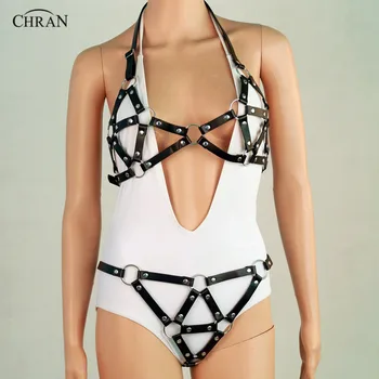 

Chran Leather Harness Bondage Chain Bra Bralet Top Panty EDM Necklace Festival Jewelry Accessories Sexy Lingerie Wear Set CRPL02
