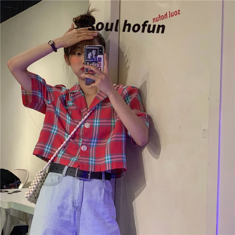 

Vintage Loose Casual Plaid Short Sleeve Shirt Women's Tshirts Japan Kawaii Ulzzang Female Sweet Lovely Harajuku Tshirt For Women