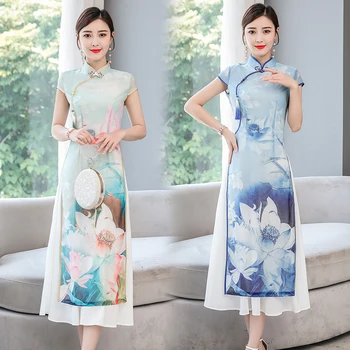 

New Ao dai style Cheongsam print flowers qipao dress