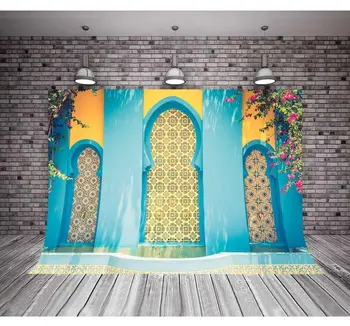 

Fountain morocco blue gate bright Color House flower leaves Yellow Wall Background Vinyl cloth Computer print wall backdrops