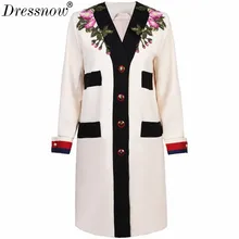 Dressnow/женское дизайнерское роскошное пальто-Тренч с v-образным вырезом, однобортное винтажное длинное пальто с цветочной вышивкой бежевого цвета