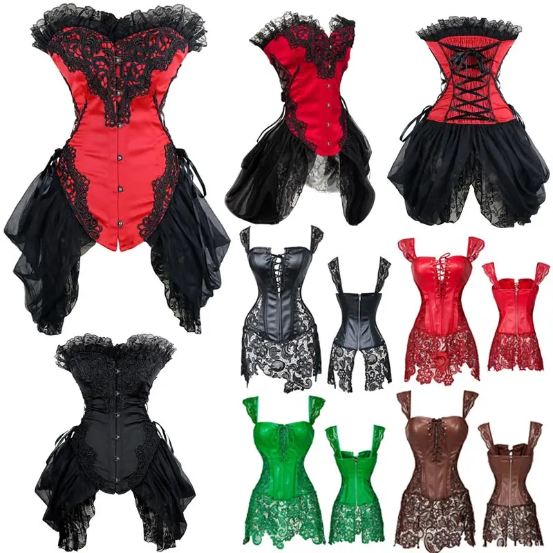 

Women's Sexy Lace White Corsets And Bustiers Top Overubst Gothic Lingerie Dress Steampunk Waist Trainer Body Corset Costume