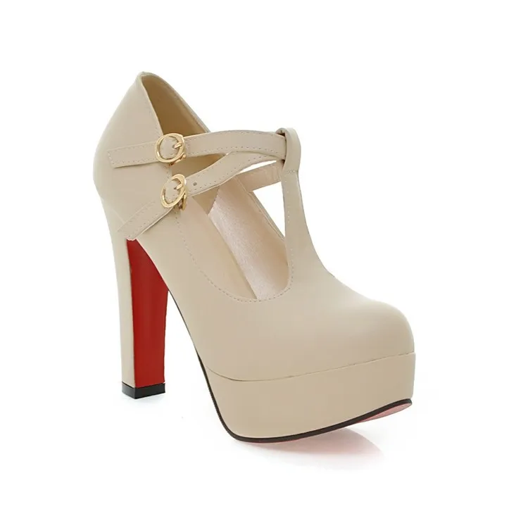 Women Platform Pumps Super High Heels Shoes Woman Leather Red Bottom Shoes Round Toed T-belt Big Size 42 43 Women Wedding Shoes