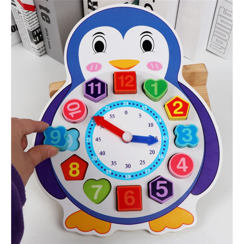 

Animal Penguin Wood Educational Clock Toys For Children Beads Lacing Montessori Jigsaw Toy Digital Geometry Clock