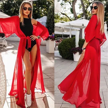 

Summer Lady Beach Cover Up Sexy Bikini 2019 Chiffon Long Dress For Women Solid Beach Dress Women Bathing Suit Beach Tunic Kaftan