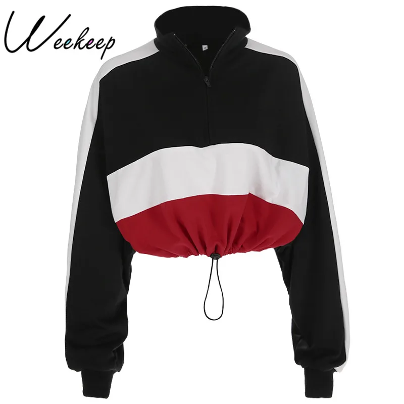 

Weekeep Women Turtleneck Cropped Hoodies Streetwear Patchwork Pullovers Sweatshirt 2018 Fashion Adjustable Waist Loose Hoodie