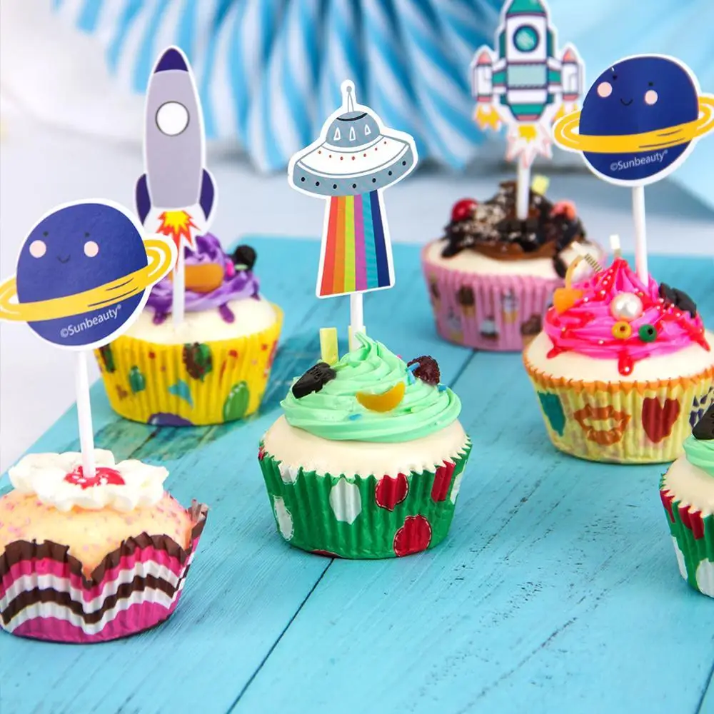 24pcs Space Adventure Cupcake Topper Kit Astronaut Spaceship Rocket Planet Cake Decorations Kids Birthday Party Baby Shower Boy