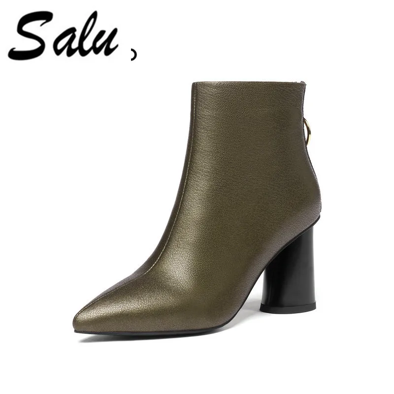 

Salu new ankle boots sexy leather women shoes pointed toe thick high heel python embossed genuine leather boots