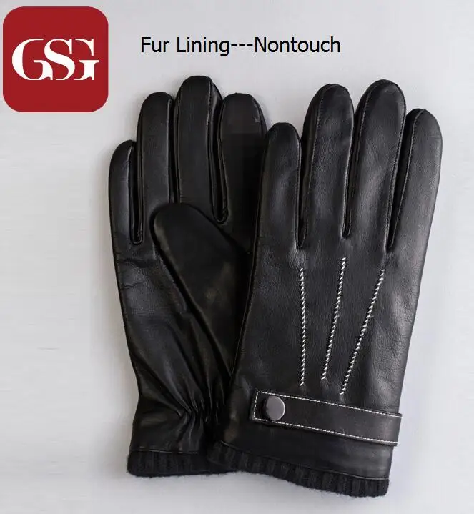 GSG мужские перчатки из натуральной кожи с сенсорным экраном, вязаные шерстяные флисовые мужские перчатки ручной работы, модные зимние варежки для вождения, черные, коричневые - Цвет: Black Nontouch