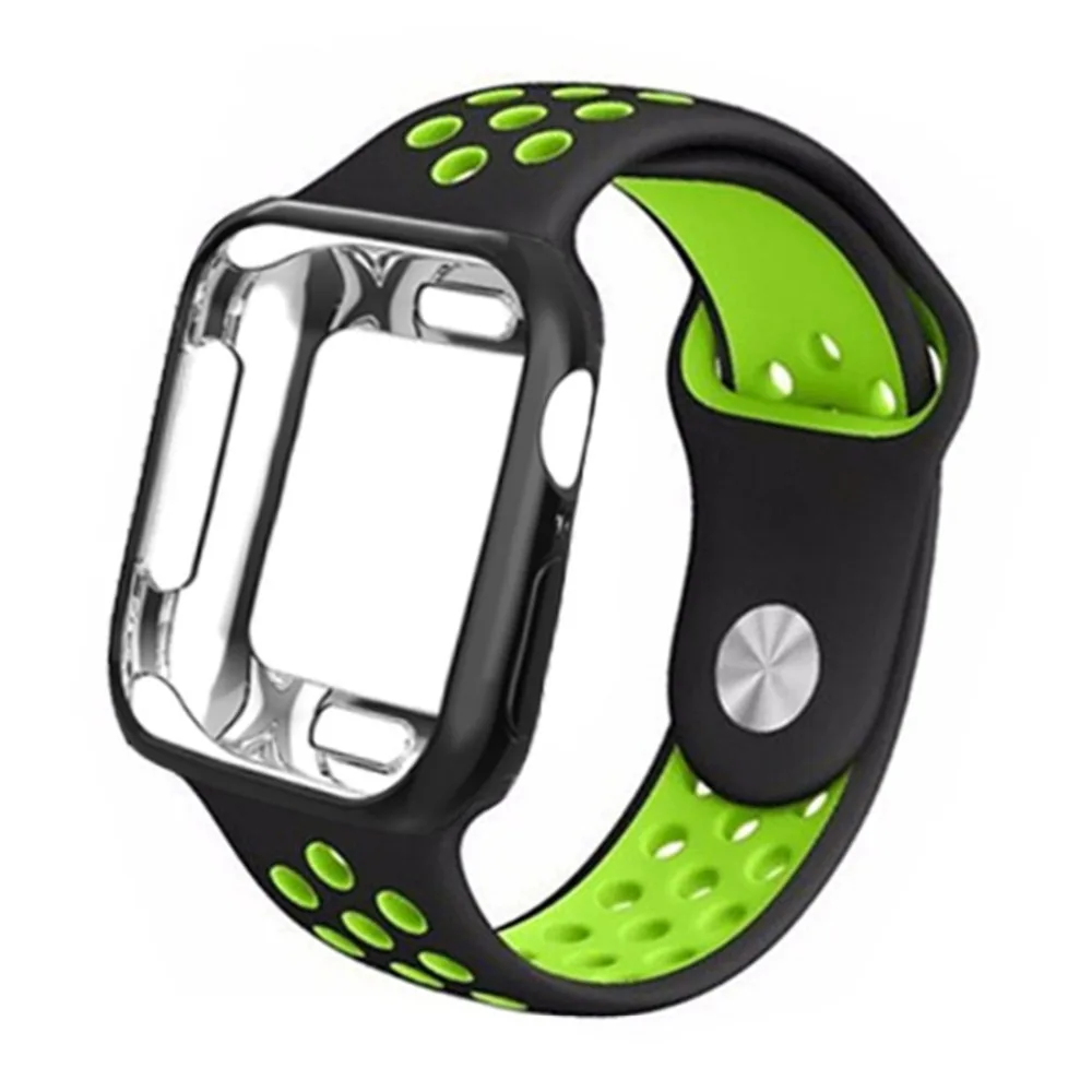 Ремешок+ чехол для Apple Watch 38 мм 40 мм 42 мм 44 мм браслет мягкий силиконовый спортивный ремешок для iWatch серии 5 4 3 2 1 - Цвет ремешка: black-green