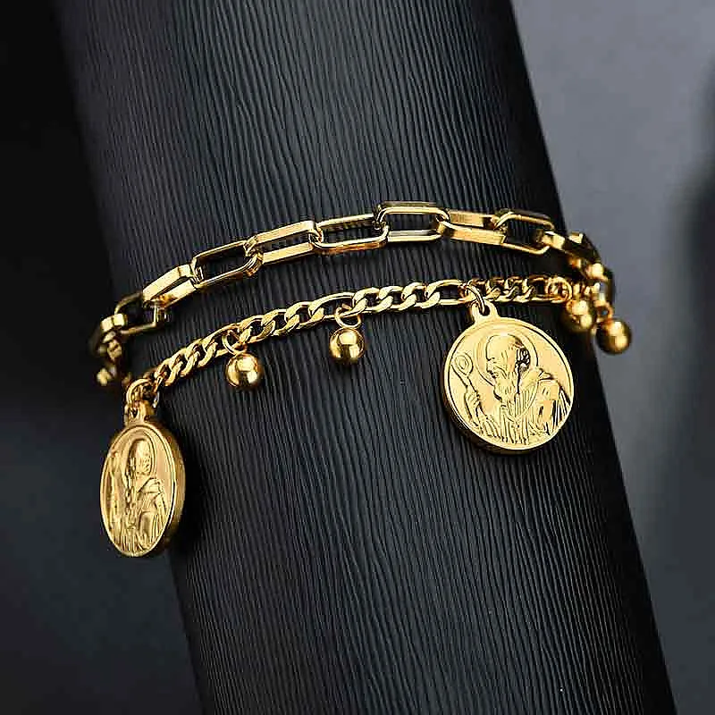 

Catholic San Benito Medal Bracelet Women Gold Color Stainless Steel Bracelets for Women Religious St Benedict Jewelry Justice