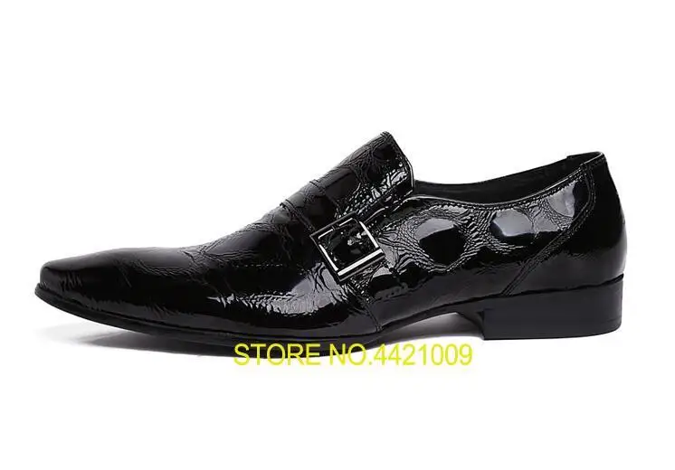 

Pointed toes Men's Dress Shoes Slip-On Smart Casual Wrinkle Metal Buckle Stone Pattern Genuine Patent Leather Black Oxfords Shoe