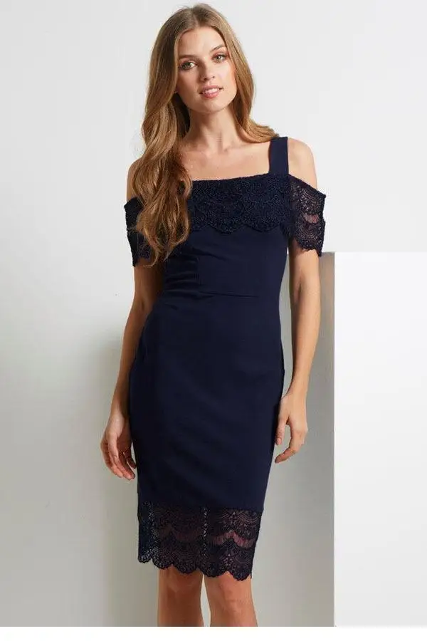 Navy Bardot Trim Hollow-out Midi Dress LC60063 | Женская одежда