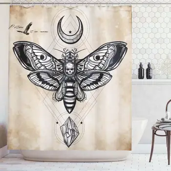 

Fantasy Shower Curtain Dead Head Hawk Moth with Luna and Stone Ancient Magic Skull Illustration Cloth Fabric Bathroom Decor Set