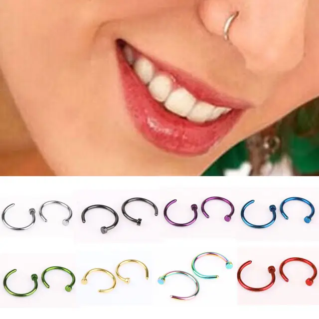 2pcs Medical Titanium Silver Hoop Nose Rings Clip On Ear Lip Navel Body