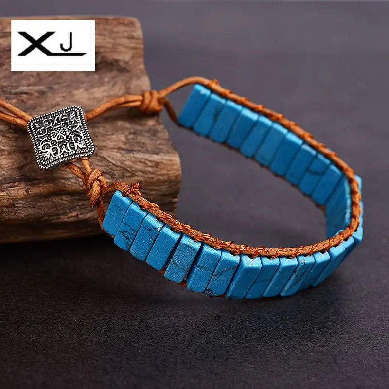 

XIN JIAO Free shipping Handmade Natural stone Thread Tube Beads Leather Cowhide Rope Wrap Bracelets Jewelry Women Gift