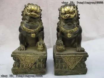 

China Folk classical Copper Bronze Gilt Feng Shui Evil Door Fu Foo Dog Lion Pair
