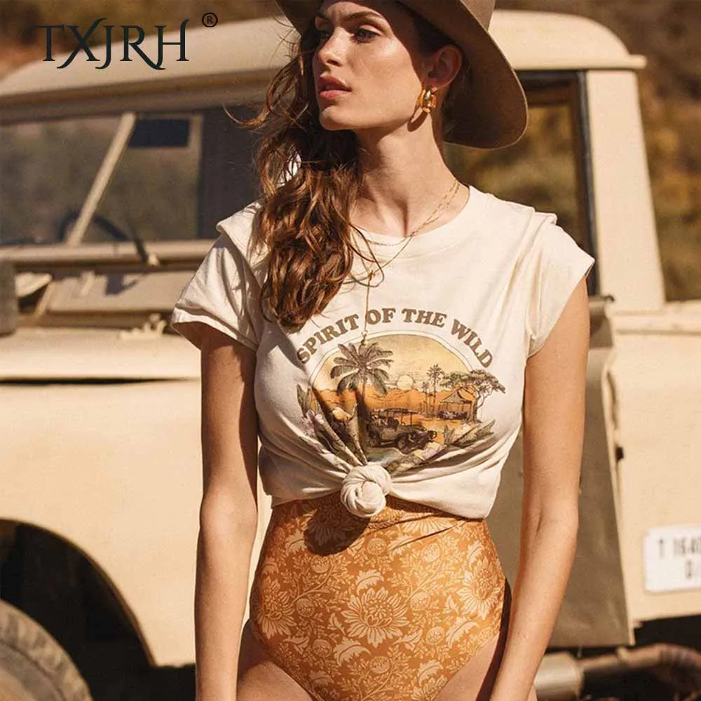 

TXJRH 2019 Stylish Letter Coconut Tree Car Print Short Sleeve O-Neck Pullover Jersey T-Shirt Woman Causal Tee Tops 2 Colors