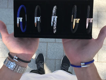 

Cuff bracelets men 6mm Stingray leather rope chain Titanium stainless steel nail bangles Couple Best friend bracelet