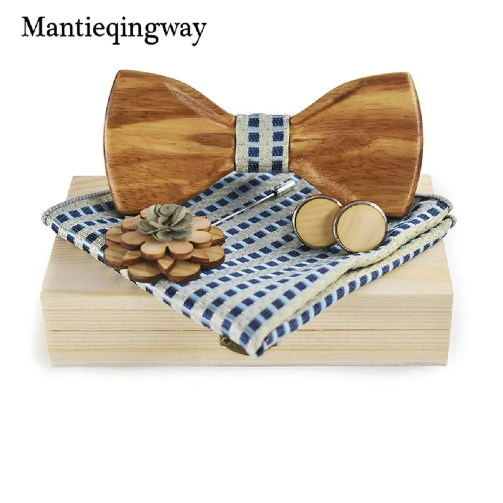 Mantieqingway для мужчин наборы галстука для костюмов деревянный лук галстук Брошь запонки платок рубашка Bowknots деревянный галстук-бабочка Gravatas Cravat - Цвет: 113