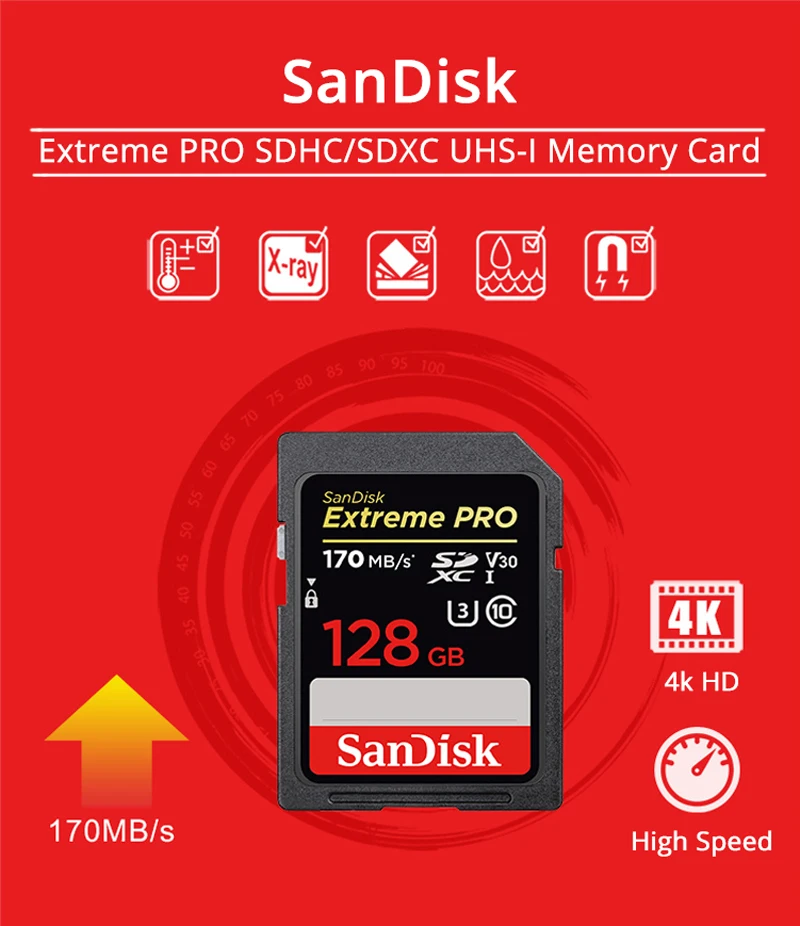 Двойной Флеш-накопитель SanDisk 128 Гб SD Card 64 Гб карта памяти SDXC карты 256 ГБ UHS-I U3 Class10 V30 Extreme PRO карты 170 МБ/с. 4K видео в формате Full HD для SLR Камера