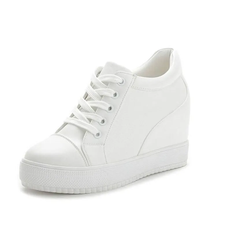 Весенние женские кроссовки; повседневные кожаные кроссовки на платформе; белые туфли на танкетке 11 см; дышащая женская обувь, увеличивающая рост - Цвет: white 7CM