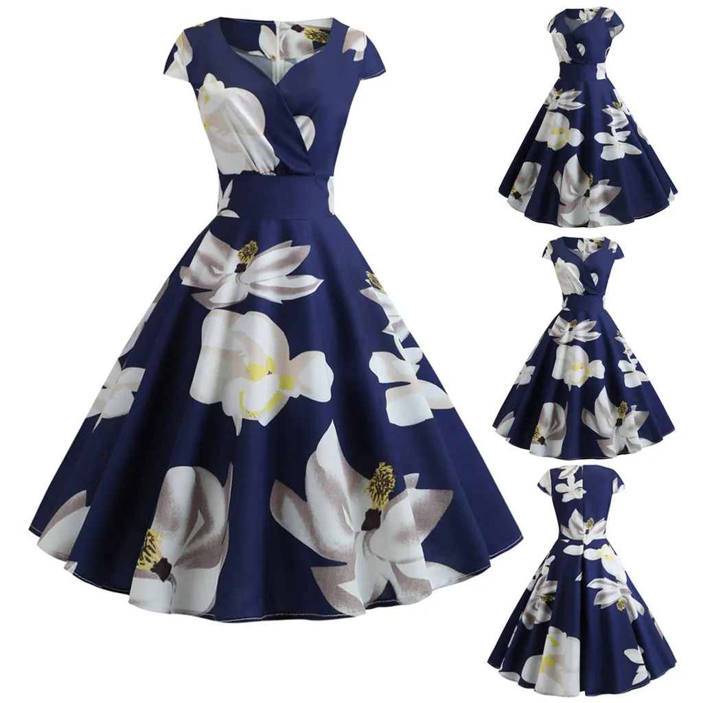 Модное женское винтажное Ретро платье Vestidos женские с короткими рукавами v