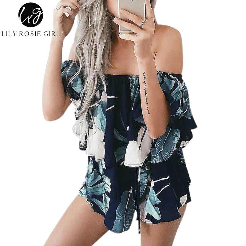 

Lily Rosie Girl Floral Print Sexy Off Shoulder Women Jumpsuit Boho Summer Beach Short Romper Party Ruffles Playsuit Overall