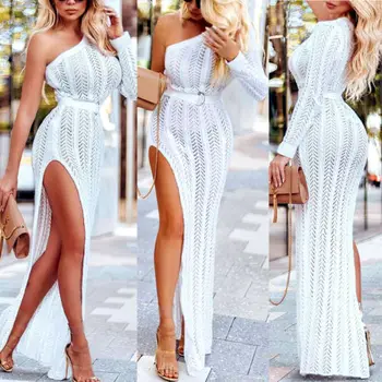 

New Arrivals Kitted Cover-Ups Women Beach Dress One Shoulder Bathing Suit Clothes Long Sleeve Ladies Beachwear Solid Cover-Up