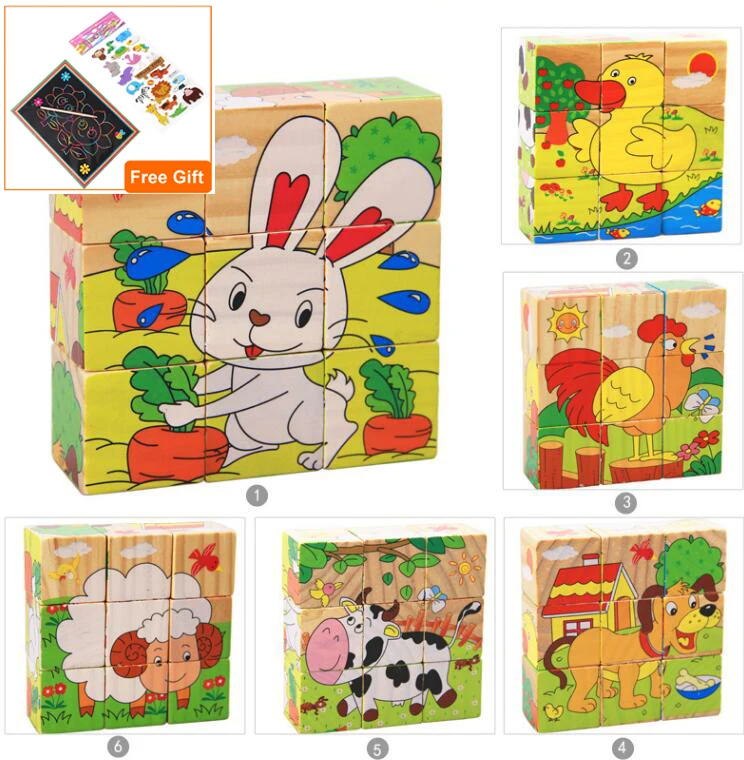 1pc Nine Blocks Six-sided 3D Jigsaw Cubes Puzzlesd Wooden Toys  For Children Kids Educational Toys Funny Games GYH 7