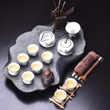 

complete tea set black stone tea tray porcelain tea pot cups handpainted craft heavy serving trays Chinese tea table for party