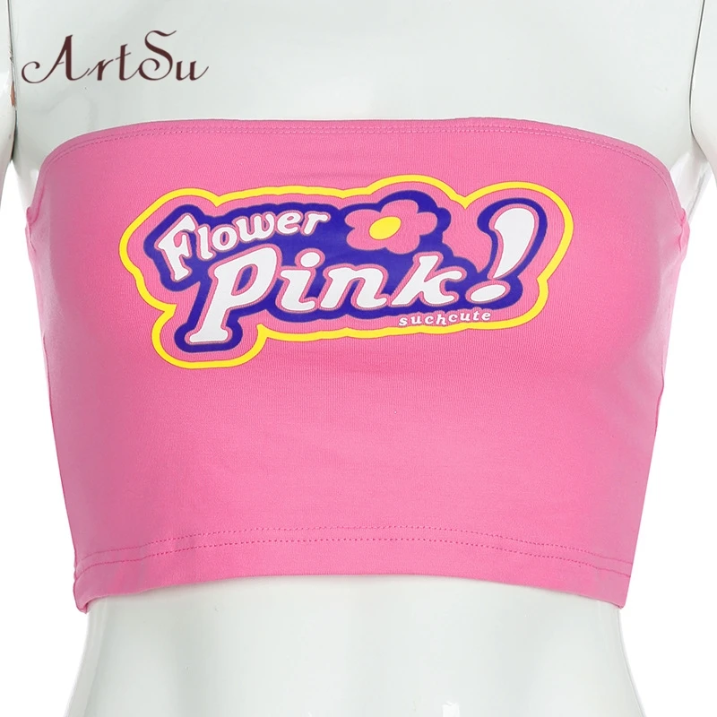 Арцу розовый милый укороченный топ с принтом без бретелек бандо Топ без рукавов с открытой спиной топы женские повседневные Летние ASVE20712 - Цвет: Розовый