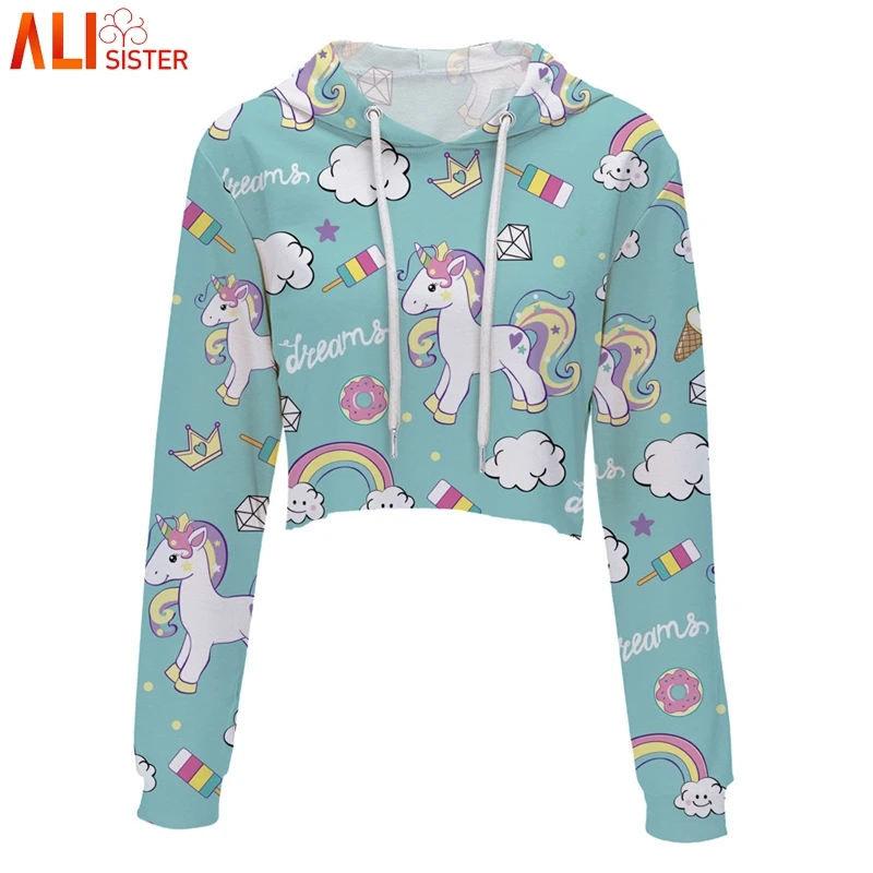 

Alisister Unicorn Print Cute Hoodies Sweatshirt Women 3d Pizza Cake Short Hooded Pullover Summer Autumn Hip Hop Crop Clothing