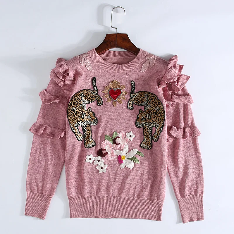 

2019 Winter Christmas Animal Embroidery Pink Knitted Sweaters Pullovers Women Runway Design Ruffle Elegant Clothes Lady Clothes