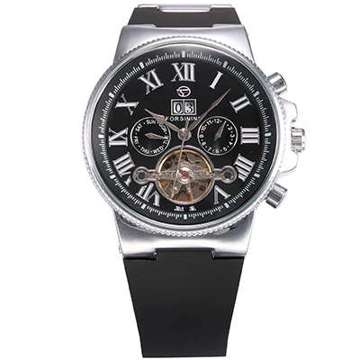 FORSINING Men Sports Watches Rubber Band Auto Date Day Tourbillon Skeleton Male Clock Automatic Mechanical Zegarek Sportowy - Цвет: Silver Black