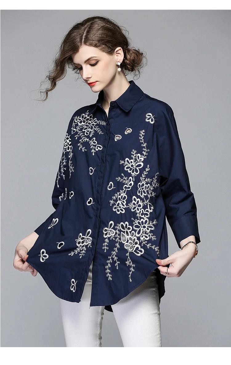 Floral Blusa Bordado Blanco Alta Y Algodón Camisetas Calidad Pesado down Suelta Turn Camisas Camisa Manga De Batwing azul Marino Collar X8XvqC