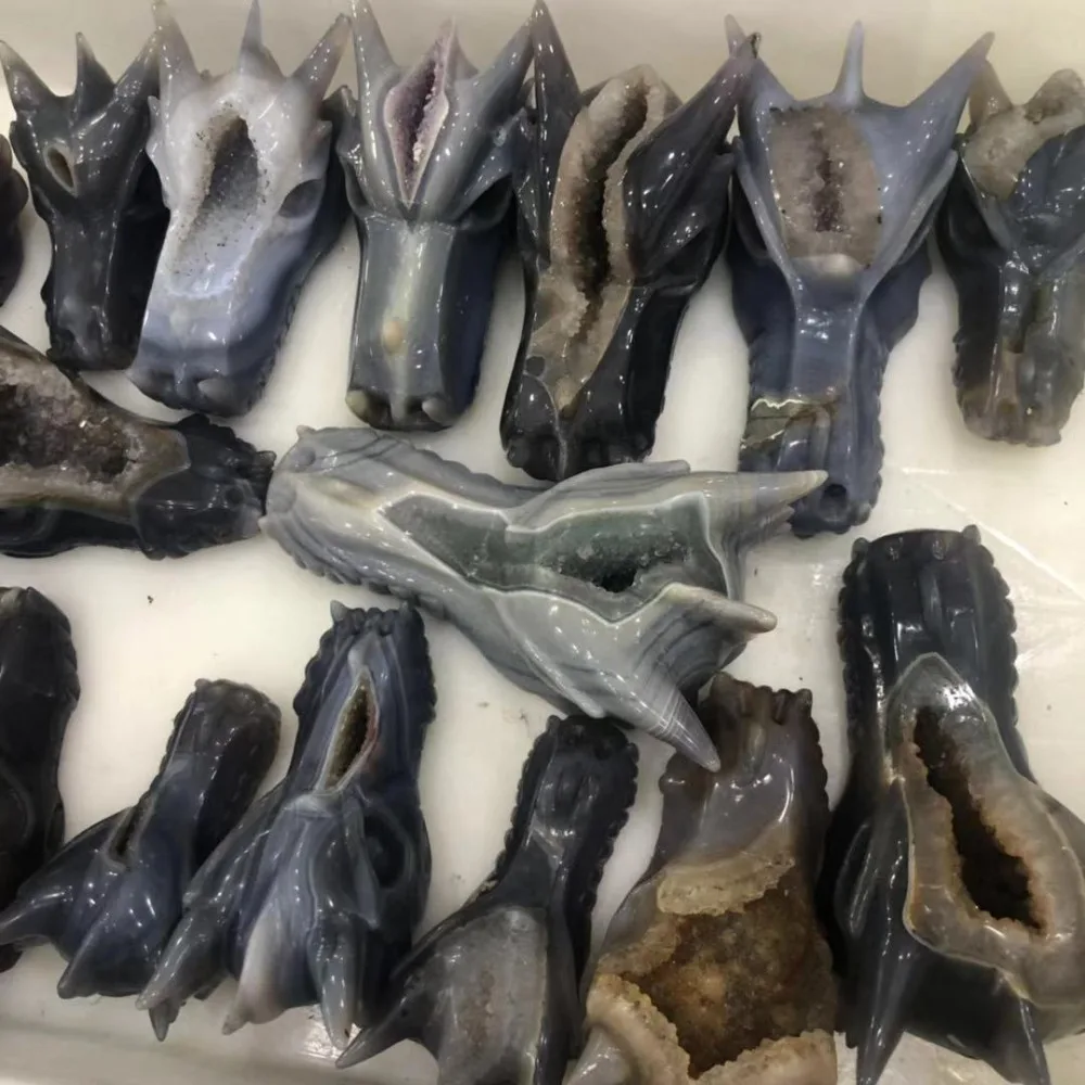 

Free Shipping! Amazing Natural Agate Stone Geode Crystal Carving Dragon Head Skull For Decoration FMX