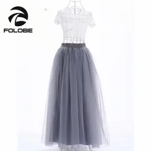 FOLOBE Fashion 7 Layers Grey High Waisted Tulle Skirt Long Tulle Skirts Womens Adult tutu Faldas Saias Femininas