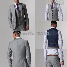 Дизайн Slim Fit с боковыми светло-серый две Пуговицы Нотч Жених Смокинги для женихов Для мужчин Костюмы человек Бизнес пиджак+ Брюки для девочек+ галстук+ жилет